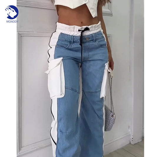 Women High Waisted Baggy Casual Jeans Patchwork Cargo Jeans with Lace-Up Streetwear Y2k Loose Straight Trousers