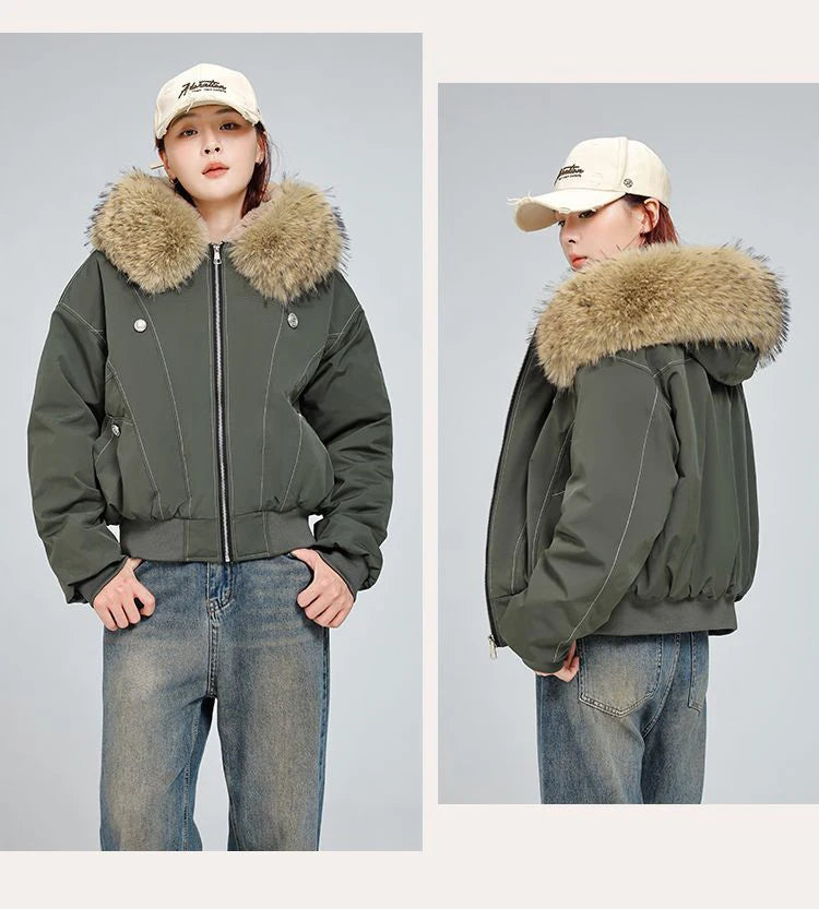 アメリカンスタイル レトロ ファーカラー イミテーションミンクファー フード付き コットンパッド入り ジャケット レディース&amp;メンズ ゴシック ヒップホップ カジュアル ジッパー パーカー