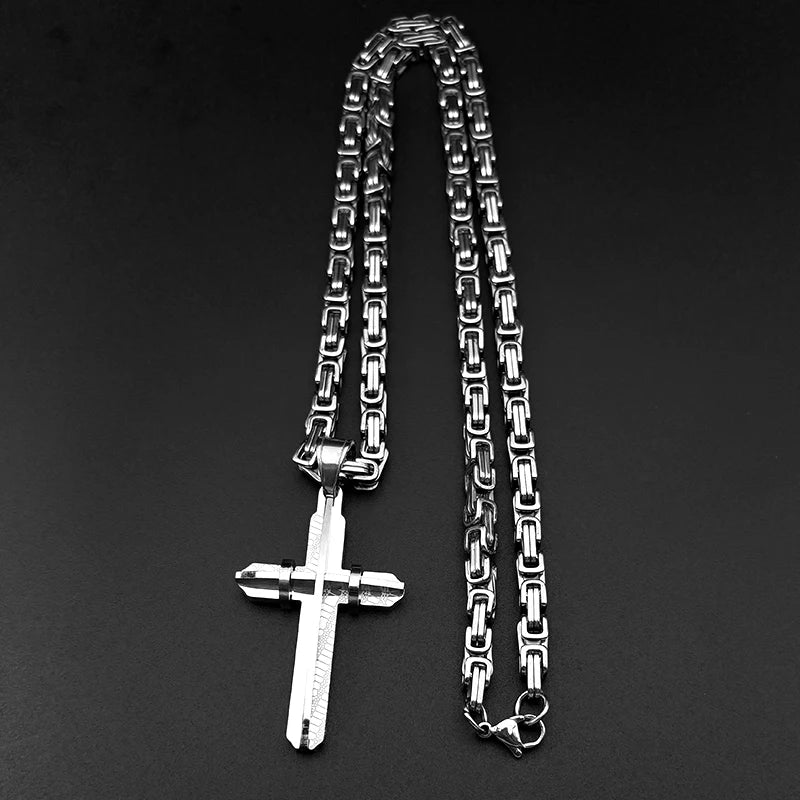 イエス・キリストの十字架 男性用十字架 ヒップホップネックレス ステンレススチール 金メッキ クリスチャンパンク ビザンチンチェーン ジュエリー ギフト