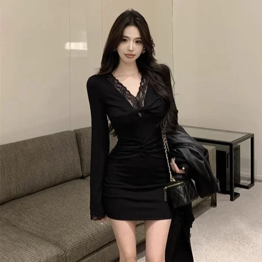 Pure Desire Lace Splice V-Neck Long Sleeve Bodycon Mini Dress Black Knot Waist Cinched Women's Fashion Autumn Skirt Dress