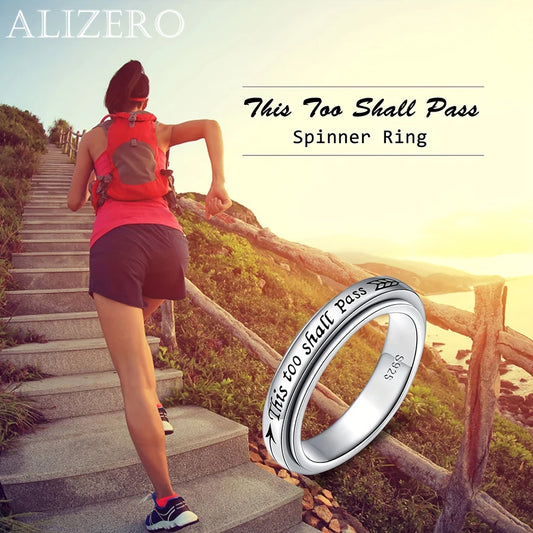 925スターリングシルバー回転リング - 「これも過ぎ去る」という名言、調節可能な6～10 USサイズ、ボヘミアンヴィンテージスタイル、女性と男性向け