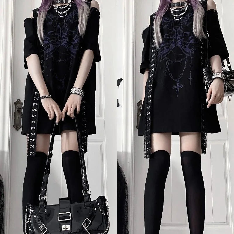 ダークリーシリーズ パンクプリント サブカルチャー ゴシック 半袖 オフショルダー Tシャツ デザインセンス ゆったり 甘辛 トップス 夏