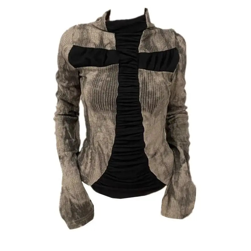 Y2Kサブカルチャークロススリム長袖Tシャツニットローウエストプリーツスカートスモールミレニアルスパイスガールスーツ