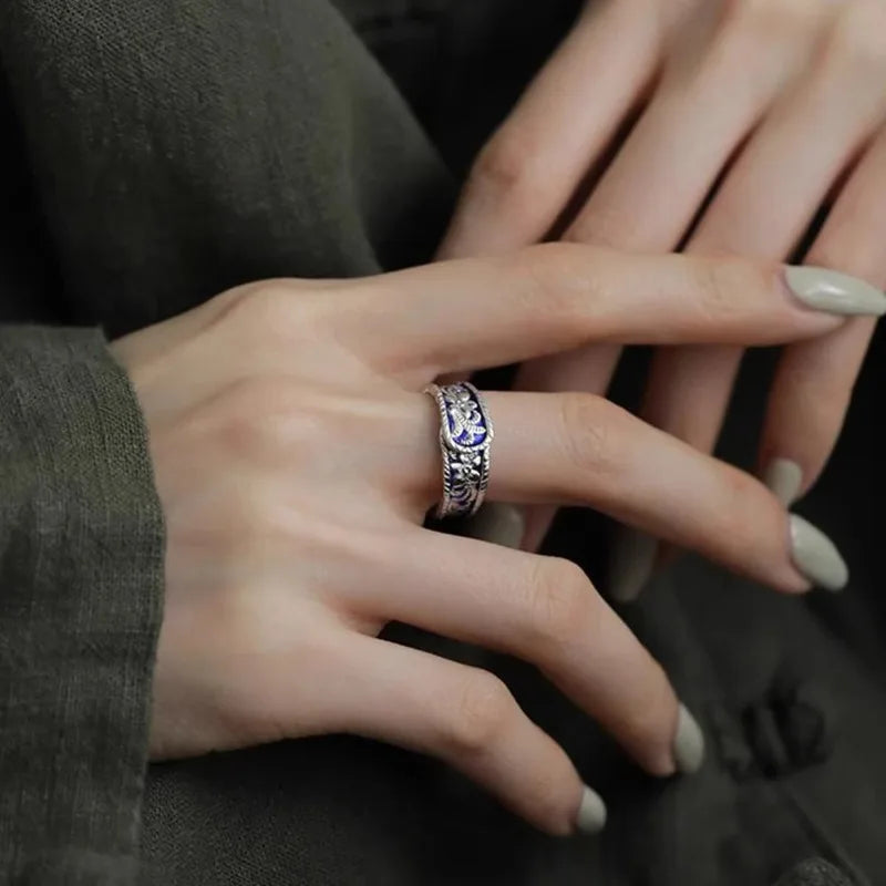 925スターリングシルバー 幾何学模様 チャーミングクロスパターン レリーフ 調節可能なオープニングリング レディース ファインジュエリー ミニマリストアクセサリー