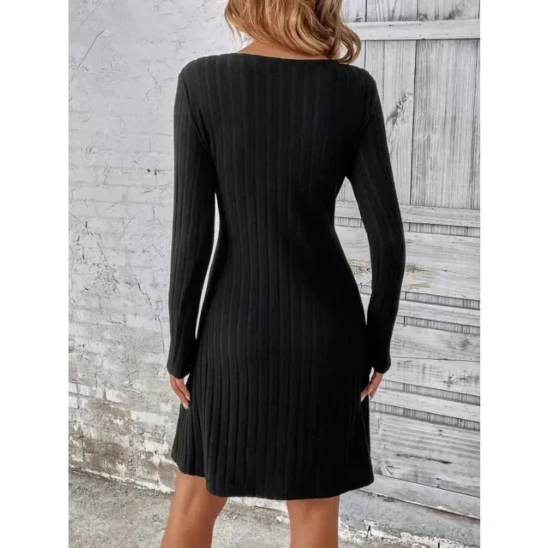 Women's Spring and Autumn Knee Length Skirt Fashion V-neck Waist Long Sleeve Dress