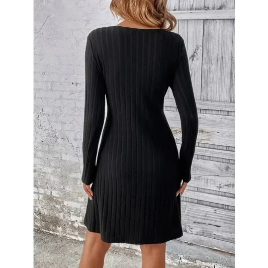 Women's Spring and Autumn Knee Length Skirt Fashion V-neck Waist Long Sleeve Dress