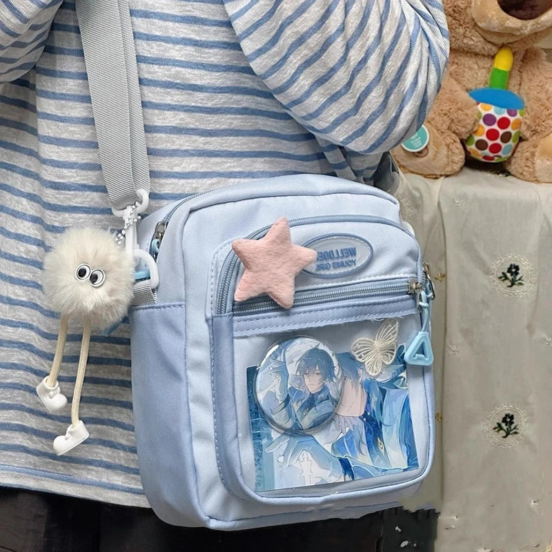 HAEX かわいいレディースイタバッグ ファッション パッチワーク ナイロン DIY バッジ クロスボディ ショルダーバッグ 原宿 カジュアル サブカルチャー ボルソ ムジェール