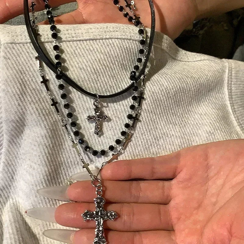 パンククロスチェーンダブルレイヤーネックレス メンズ レディース Y2K ファッショントレンド ロック パーティー グランジ EMO アクセサリー