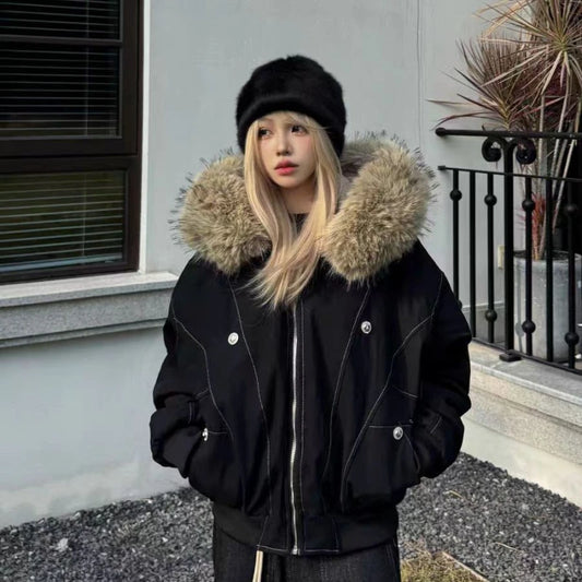 アメリカンスタイル レトロ ファーカラー イミテーションミンクファー フード付き コットンパッド入り ジャケット レディース&amp;メンズ ゴシック ヒップホップ カジュアル ジッパー パーカー