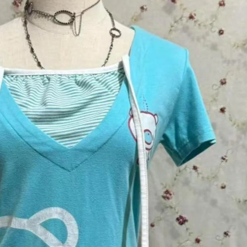 アメリカン・ホッティーTシャツ サブカルチャー ストライプ パッチワークTシャツ かわいい 原宿系 漫画 クマ プリントTシャツ レディース スリム フェイクツートップス