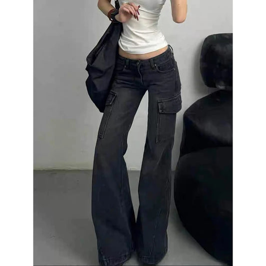 ZHIZOU Streetwear Vintage Black Jeans Women American Y2K Slim High Waist Flare Denim Pants Casual Multiple Pockets Denim Trouser