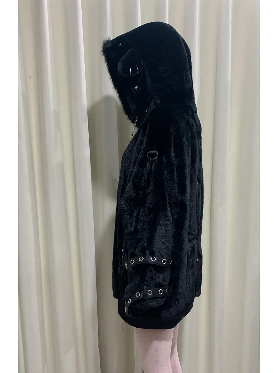 マウロイカルディ 秋冬 オーバーサイズ 暖かい ソフト ホワイト フェイクファーコート レディース フード付き 原宿系 ファッション ふわふわ ジャケット ストリートウェア 2025