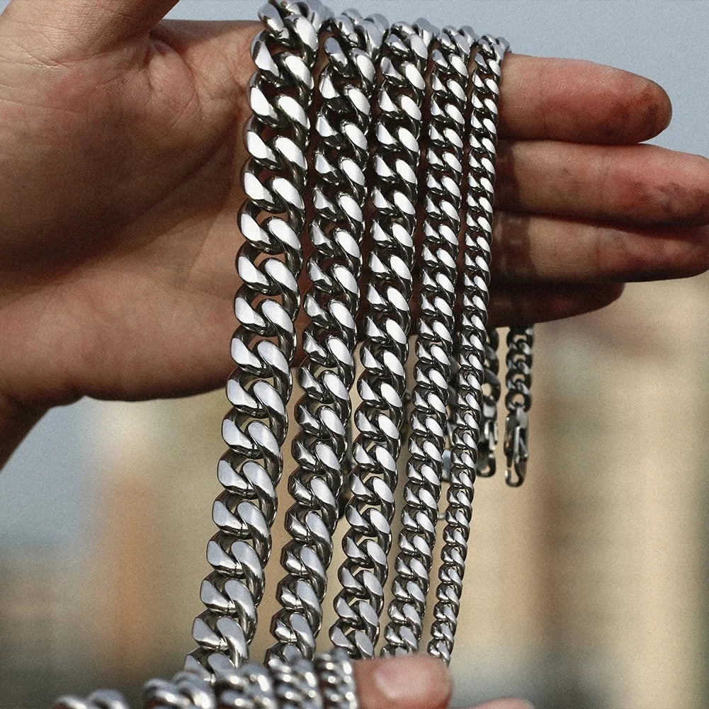 HNSP 8MM-14MM ステンレススチールチェーン キューバネックレス メンズ パンク 厚手 ロングネック 男性ジュエリー シルバーカラー
