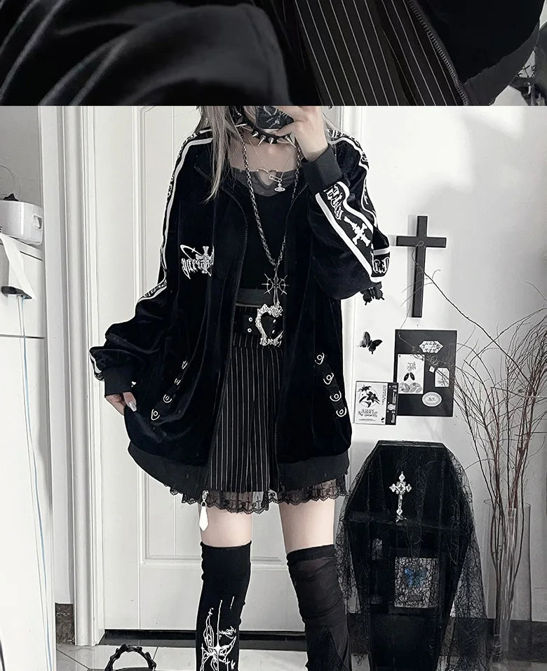 オリジナルサブカルチャーゴスベルベットプリントジッパージャケット秋の新しいストリートパンクスタイルダークルーズスポーツコート原宿カジュアルジャケット