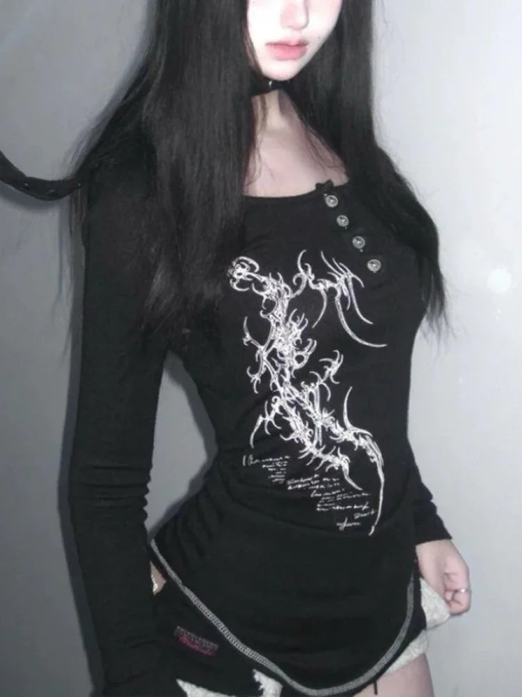 American Vintage Print T-shirt Women Aesthetic Punk Design Long Sleeve Gothic Y2k Tops Subculture Casual Retro Harajuku Tees