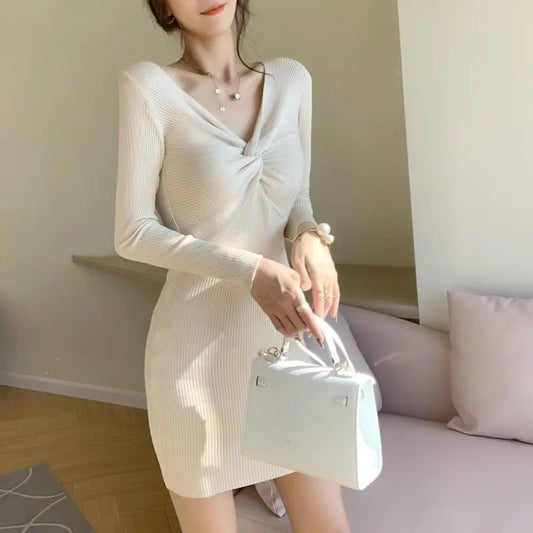 Women Sexy V Neck Bodycon Ribbed Knitted Elegant Party Dresses Spring Autumn Fashion Y2K Solid Long Sleeve Club Basic Mini Dress