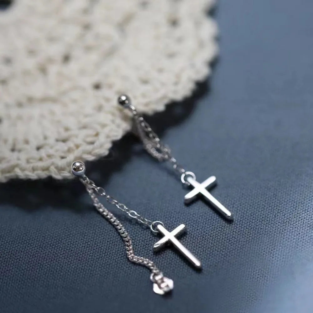 Punk Silver Cross Drop Earrings for Women Men Gothic Hip Hop Long Tassel Hanging Earring Jewelry Gift