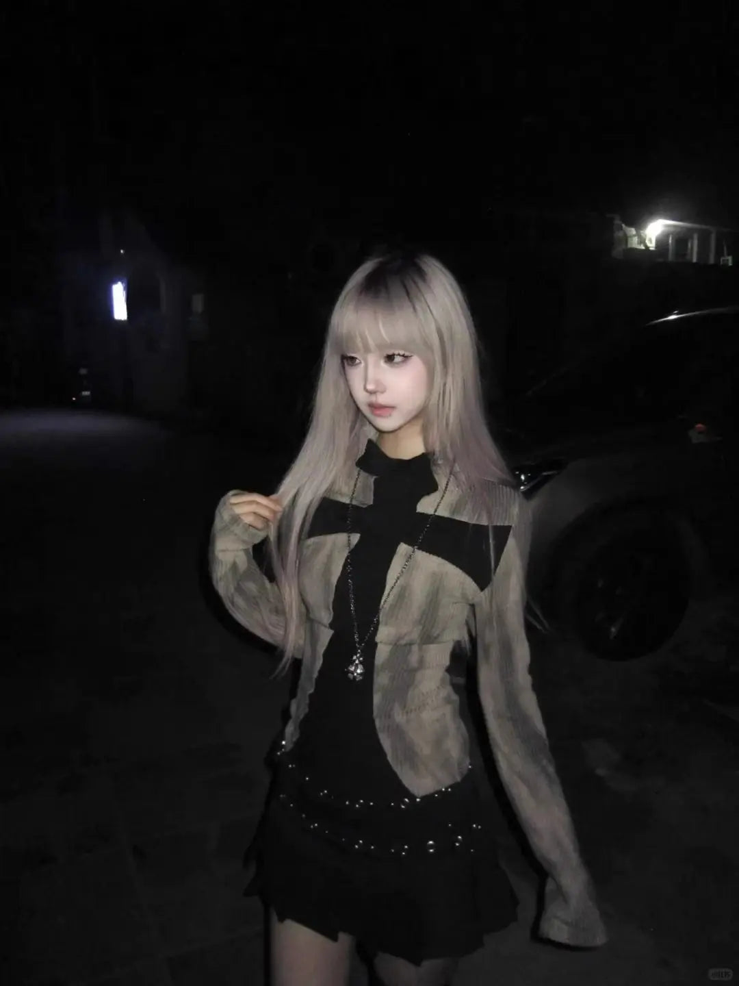 Y2Kサブカルチャークロススリム長袖Tシャツニットローウエストプリーツスカートスモールミレニアルスパイスガールスーツ