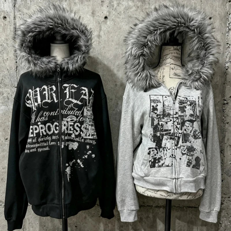 サブカルチャーフェイクコート レディース グラフィックジャケット フード付きフリースファーフーディー エッジの効いたアメリカンレトロストリートスタイルとY2Kファッショントップス