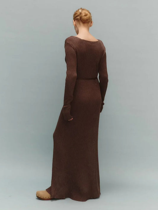 2025 Autumn Women's New Solid Color Long Sleeve V-neck Slim Bodycon Knitted Maxi Dress Trendy Elegant Fashion Sexy Dresses