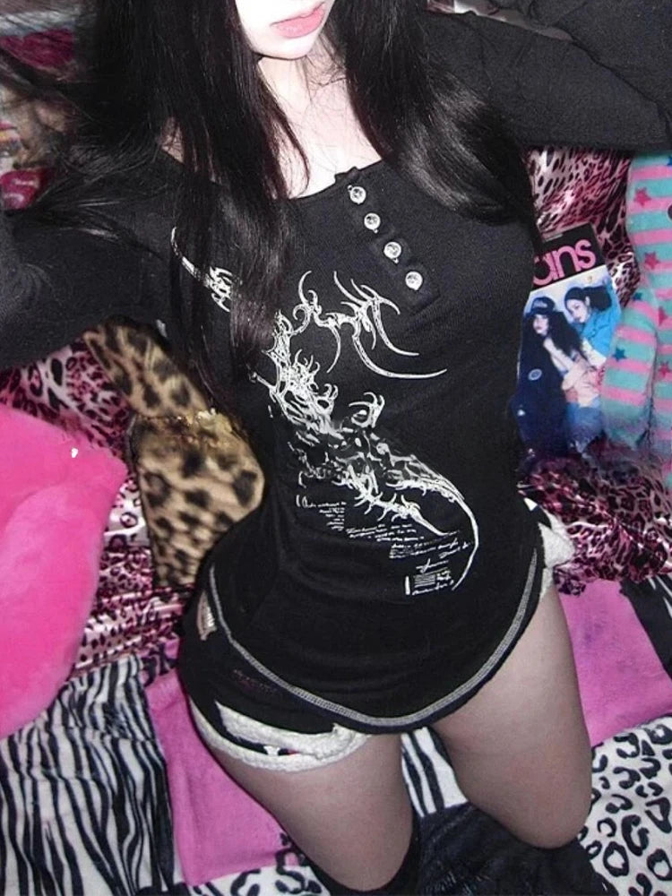 American Vintage Print T-shirt Women Aesthetic Punk Design Long Sleeve Gothic Y2k Tops Subculture Casual Retro Harajuku Tees