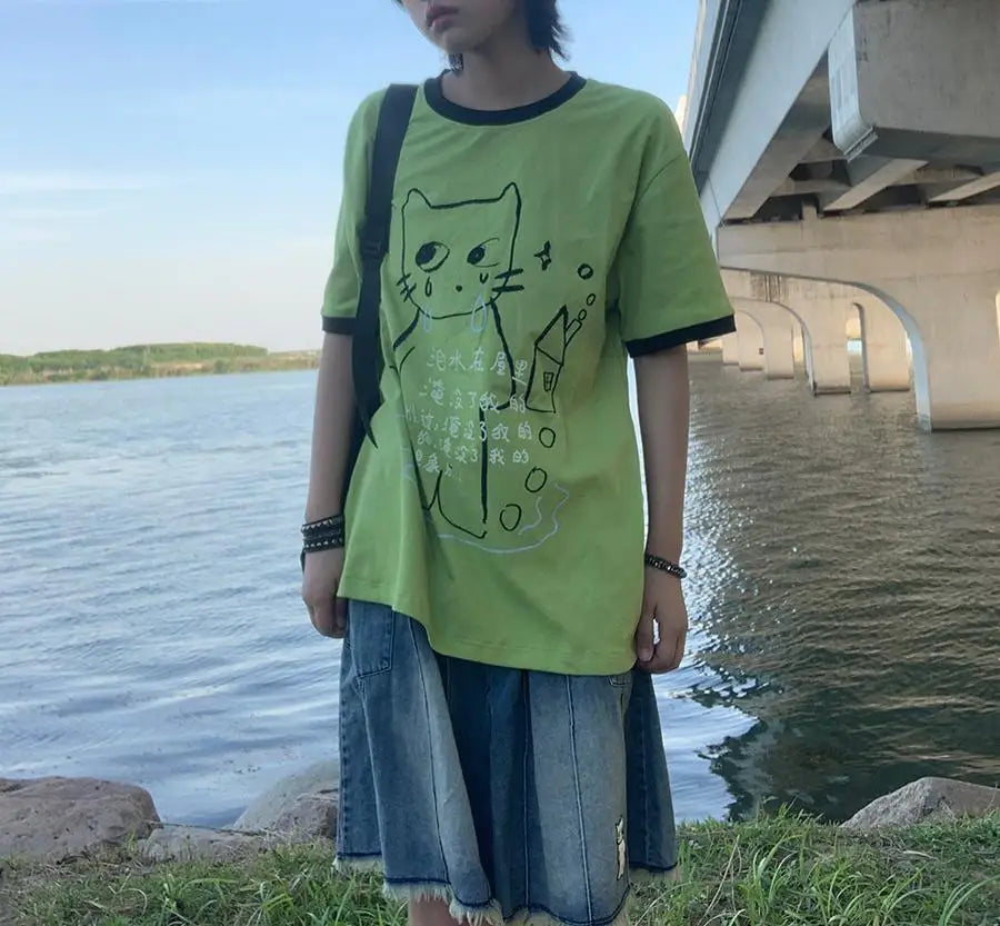 日本のサブカルチャー かわいい猫プリント 半袖Tシャツ レディース 夏 ヴィンテージ グリーン カジュアル ゆったり スウィートガール Y2K トップス
