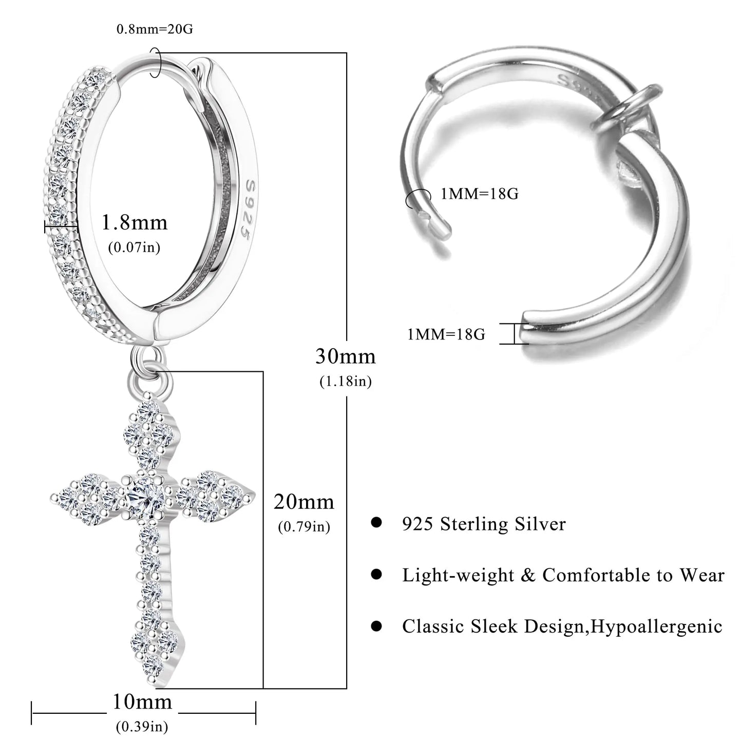 Fansilver 925スターリングシルバー クロスイヤリング レディース メンズ 華奢なCZハギーフープイヤリング アイスアウトクロスダングルイヤリング ボックス付き