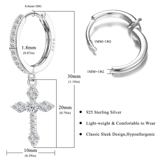 Fansilver 925スターリングシルバー クロスイヤリング レディース メンズ 華奢なCZハギーフープイヤリング アイスアウトクロスダングルイヤリング ボックス付き