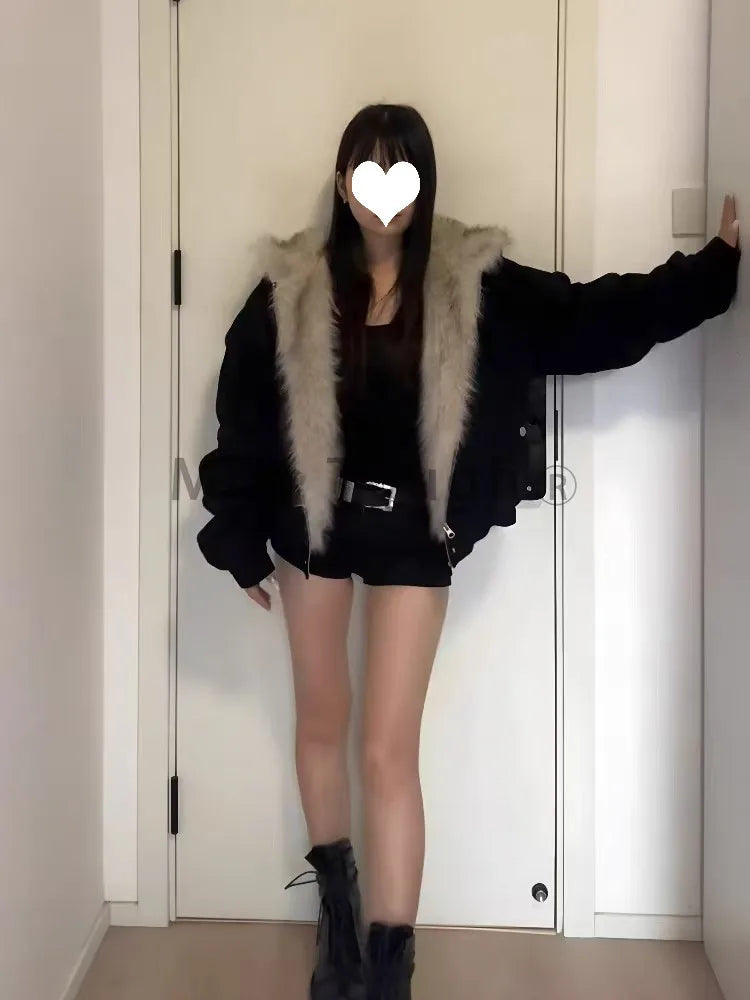 冬新作 エレガントライナーファー ルーズコート レディース Y2K ファーカラー フード付き 厚手 ファッション パーカー カジュアルアウター コットン パッド入りジャケット