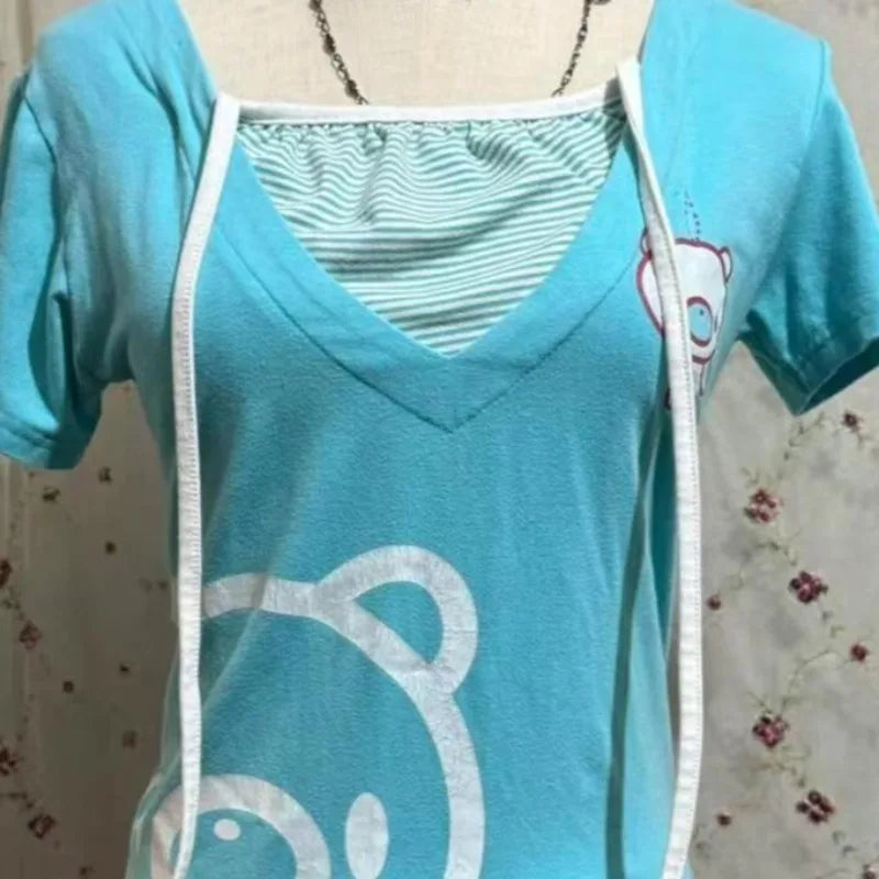 アメリカン・ホッティーTシャツ サブカルチャー ストライプ パッチワークTシャツ かわいい 原宿系 漫画 クマ プリントTシャツ レディース スリム フェイクツートップス