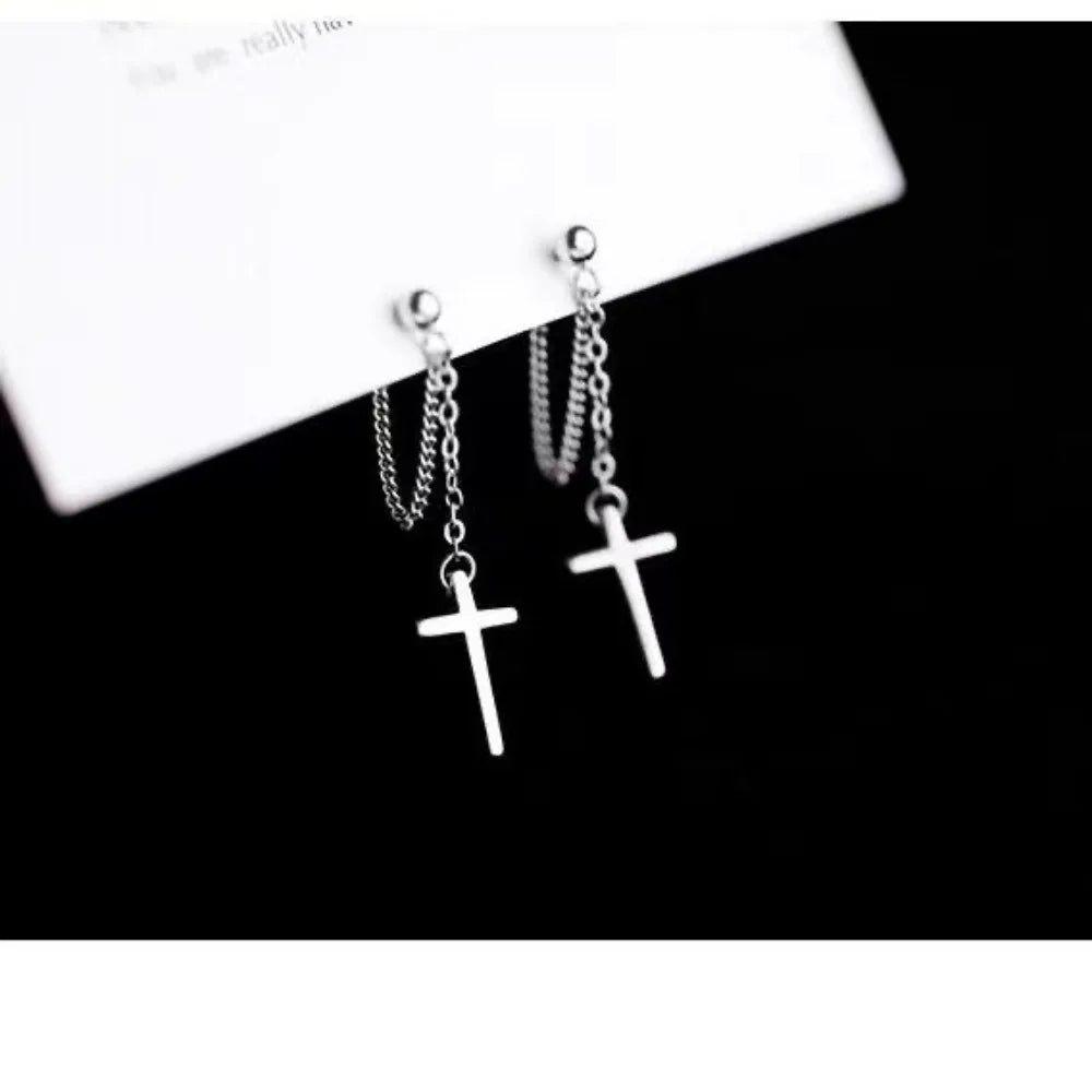 Punk Silver Cross Drop Earrings for Women Men Gothic Hip Hop Long Tassel Hanging Earring Jewelry Gift