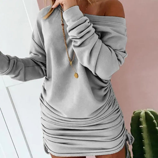 Women Sweater Dress Long Sleeve One Shoulder Drawstring Bodycon Ladies' Autumn Winter Dress Pleated Sexy Hip Hugging Dress