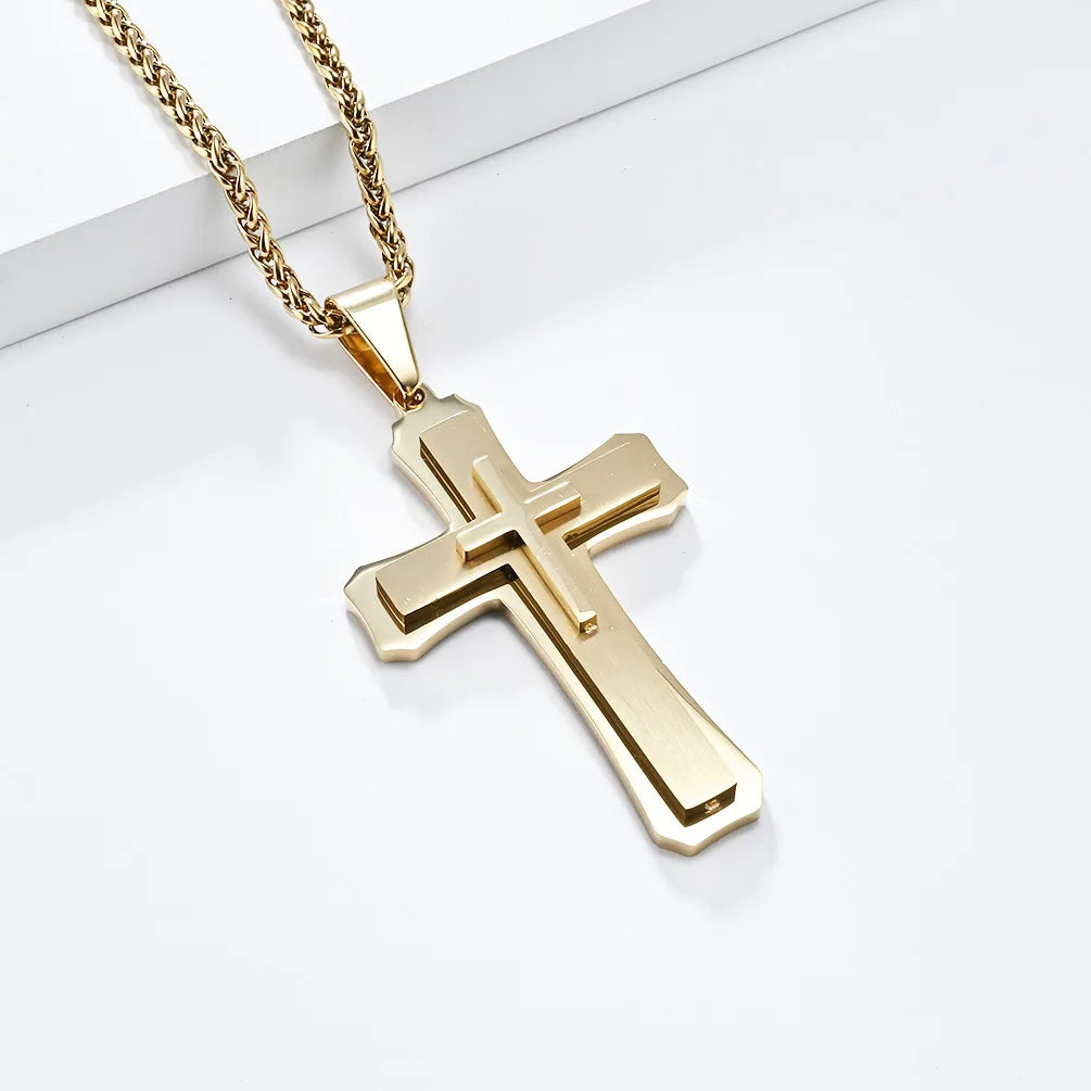 メンズ向け、トレンドの3層クロスペンダントネックレス