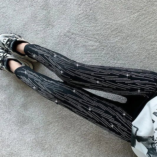Xpqbb Black Stretch Rhinestone Skinny Leggings Women Autumn Winter Thick Velvet Ankle-Length Pants Tide Elasticit Shinny Legging