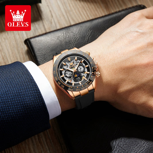 OLEVS 6713 Men Mechanical Watch Hollow Dial Tourbillon Fashionable Business Sport Waterproof Date Moon Silicone Strap