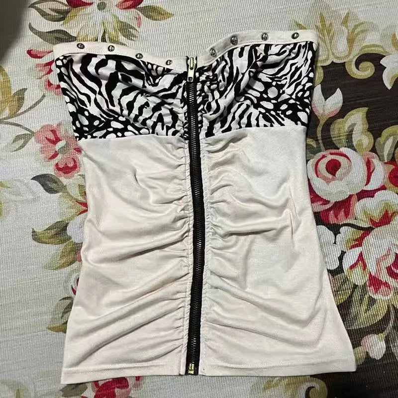 レトロなホットティースリムストラップレスベストアメリカンサブカルチャーヒョウ柄ステッチタンクトップパンク原宿ジッパーデザインレディースセクシーベスト