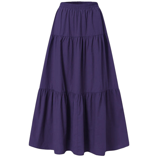 Women´s Casual Long Skirts Solid Color Pleated Big Hem Elastic Waist Loose Fit Skirts Simple Style Bottoms