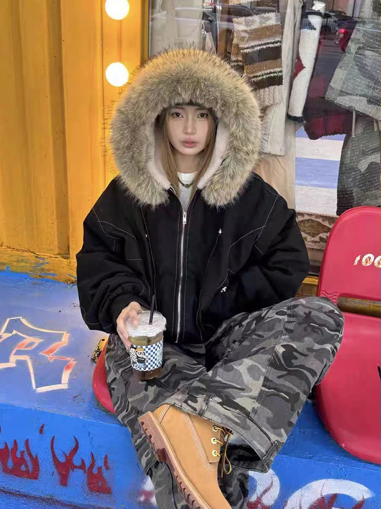 アメリカンスタイル レトロ ファーカラー イミテーションミンクファー フード付き コットンパッド入り ジャケット レディース&amp;メンズ ゴシック ヒップホップ カジュアル ジッパー パーカー