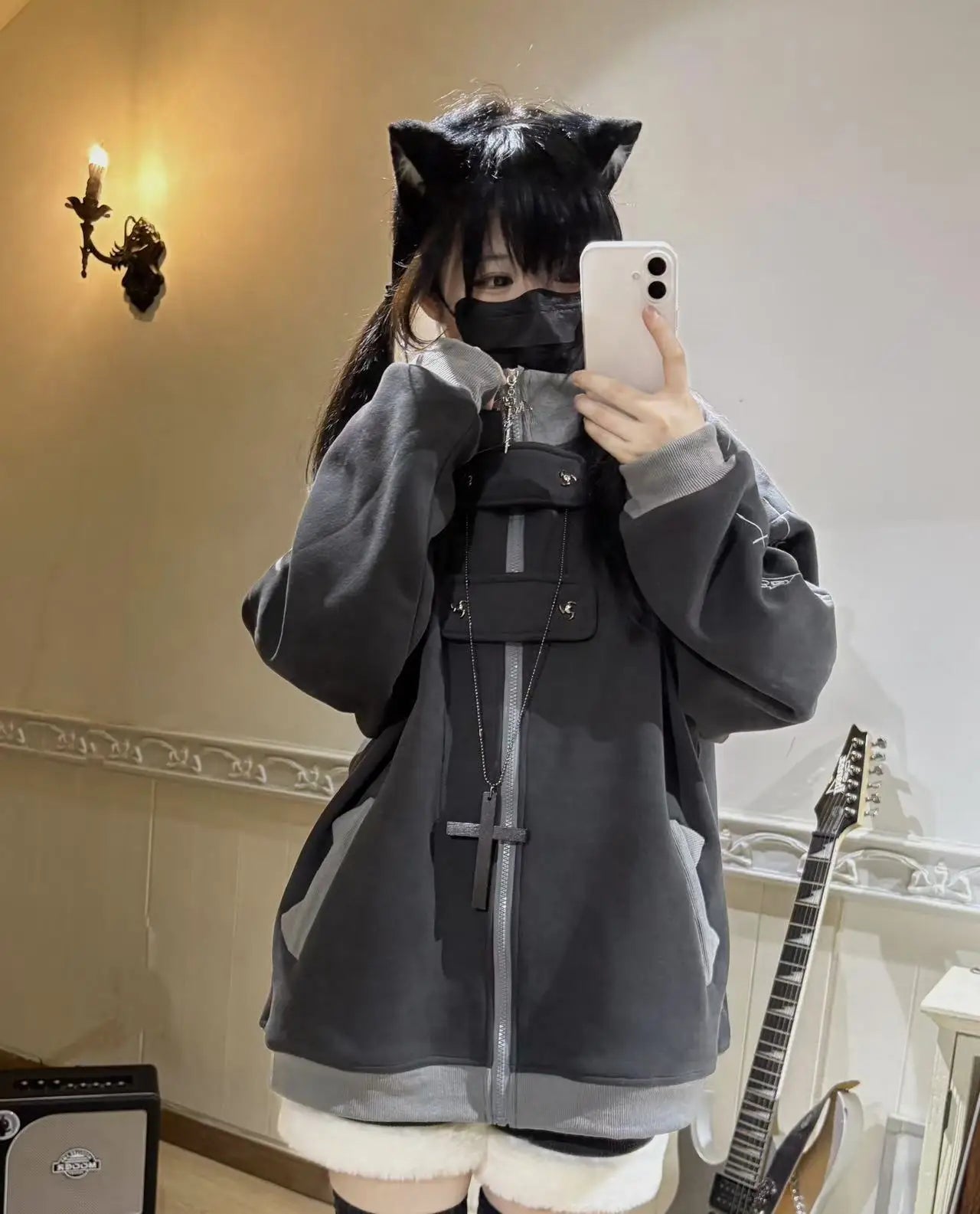 ファッションベルベットスタンドカラーサブカルチャー猫耳フード付きスウェットシャツジャケットオリジナルゴシック長袖ゆったり暖かいエレガントコート