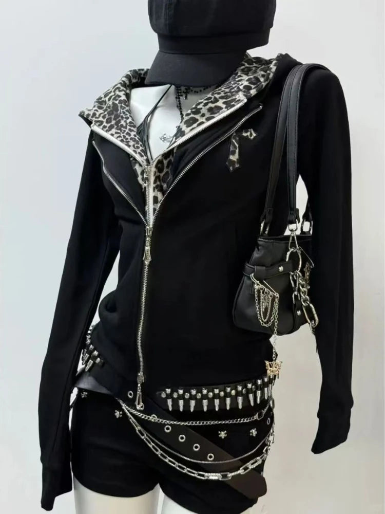 Subculture Y2k Leopard Print Patchwork Hoodie Autumn New Hot Girl Fake Two Piece Tops 2025 High Street Vintage Long Sleeve Coat