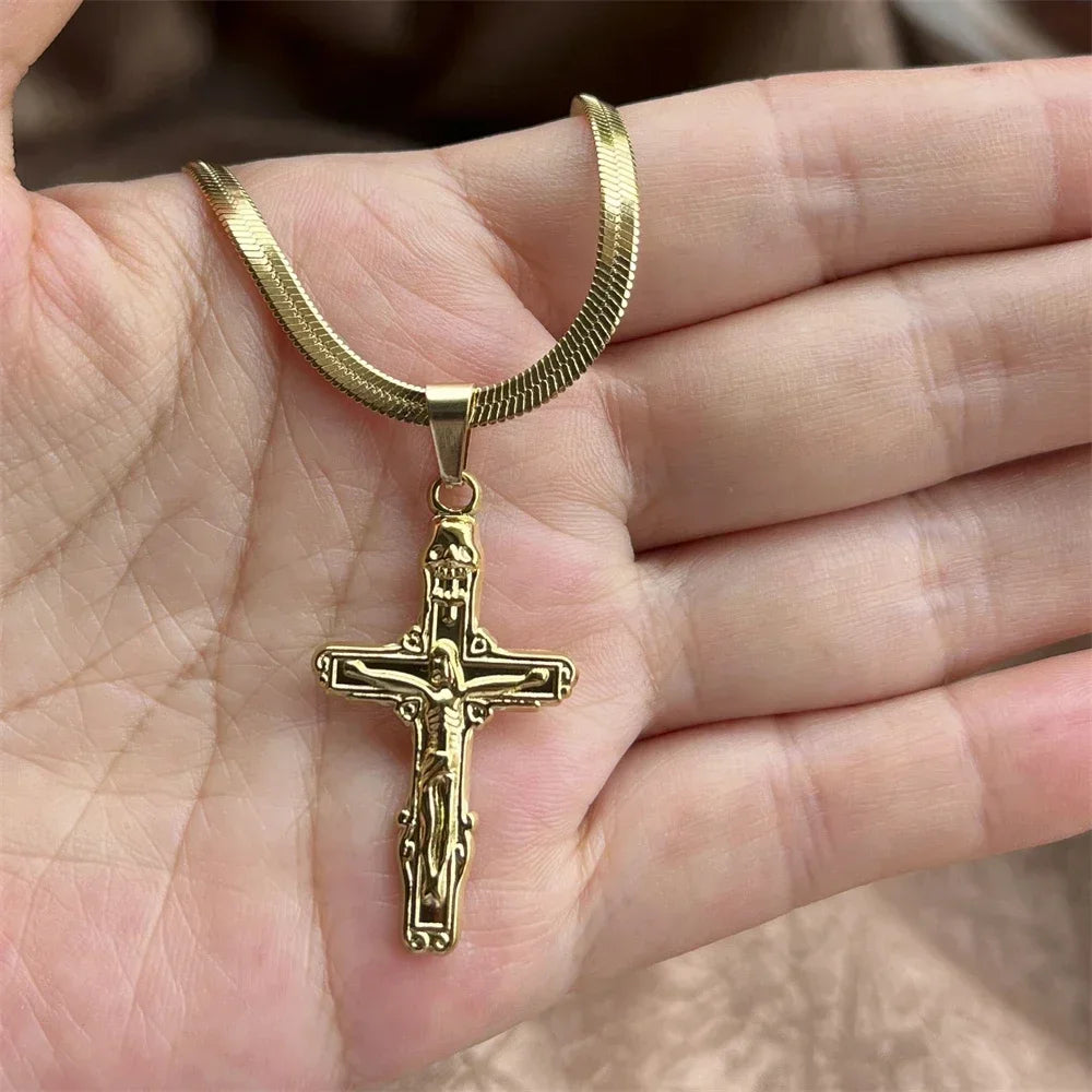 キリスト教イエス十字架ネックレス レディース メンズ ステンレススチールチェーン チョーカー 宗教的十字架ペンダント ジュエリー 祈り 洗礼ギフト
