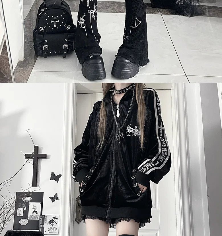 オリジナルサブカルチャーY2Kゴスベルベットプリントジッパージャケット秋新作ストリートパンクダークルーズスポーツコート原宿カジュアルジャケット