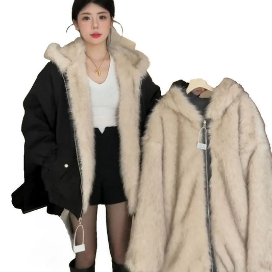 2025年冬新作 厚手 プラッシュ レトロ ルーズステッチ フード付き プラッシュ ウォームジャケット 両面着用 原宿系 カジュアルジャケット レディースコート