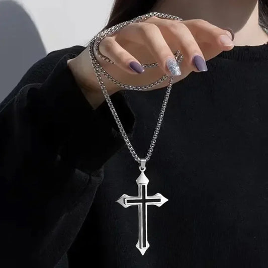 Punk Cross Pendant Necklace Women Men Gothic Stainless Steel Long Link Chain Hip Hop Streetwear Collarbone Jewelry Gifts