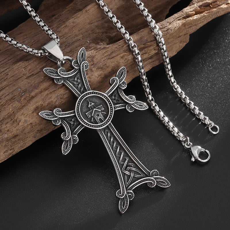 Stylish Valknut Celtic Cross Pendant Necklace Armenian Cross or Khachkar Cross Jewelry for Men