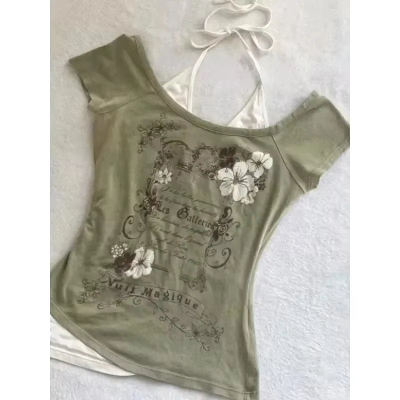 ヴィンテージ 原宿 Vネック バックレス Tシャツ レディース サマー グランジ カジュアル 女性用 Tシャツ パッチワーク Y2K クロップトップ サブカルチャー Tシャツ シック