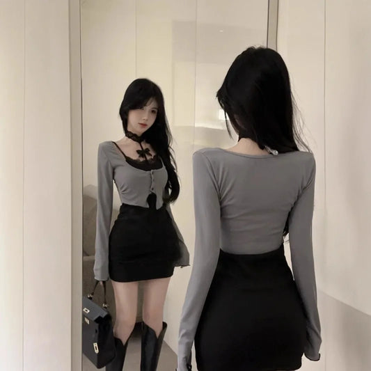 Sexy Cat Girl Spicy Short Skirt Long Sleeve Lace Hollow out Black Butterfly Knot Neckline Dress Mini Dress Chinese Brand