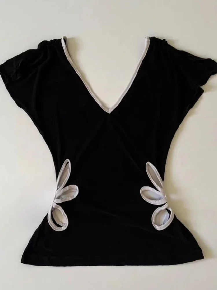 ヴィンテージ 原宿 Vネック バックレス Tシャツ レディース サマー グランジ カジュアル 女性用 Tシャツ パッチワーク Y2K クロップトップ サブカルチャー Tシャツ シック