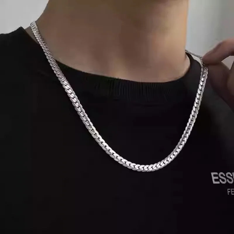 男性用高光沢キューバチェーンネックレス、7mmステンレススチールフラットキューバチェーンカラー、50/55/60cm男性用チェーン