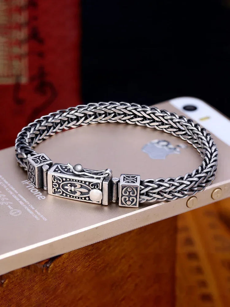 925シルバーヴィンテージバングルドラゴンボーンチェーン織りブレスレット女性と男性用ダブルチェーンバックル宴会ジュエリー着用可能